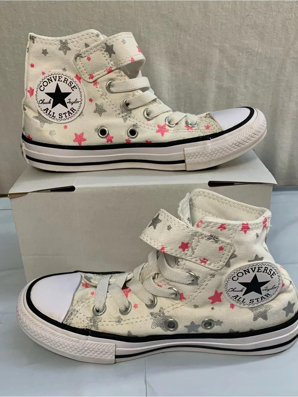 Converse Chuck Taylor High-Top Sneakers with Pink & Gray Star Accents Youth 12